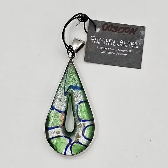 Charles Albert Dichroic Green Art Glass Fine Sterling Silver Necklace Pendant - Picture 2 of 10